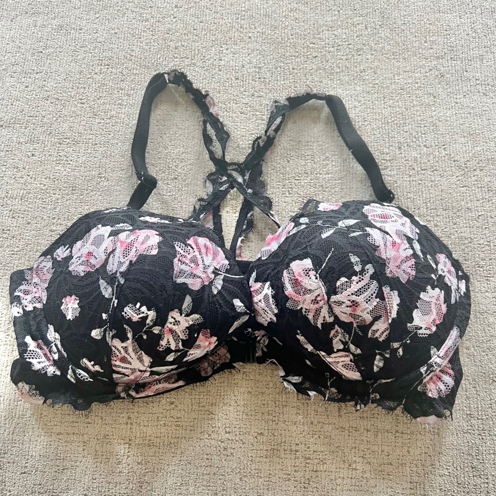 Victorias Secret PINK Push Up Bra 36D Black Floral Lace Racerback Front Closure